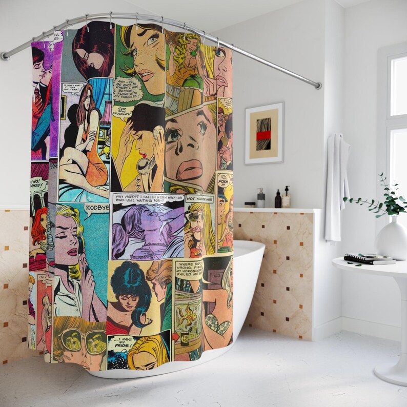 Vintage Romance Comic Girl Shower Curtain | Retro Pop Art Bathroom image 8