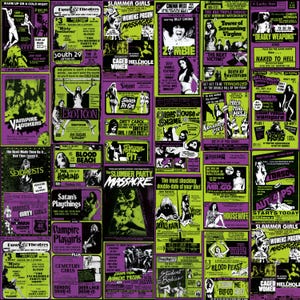 Detailed graphic swatch showing the full layout of retro green and purple horror movie poster advertisements used for the print.
