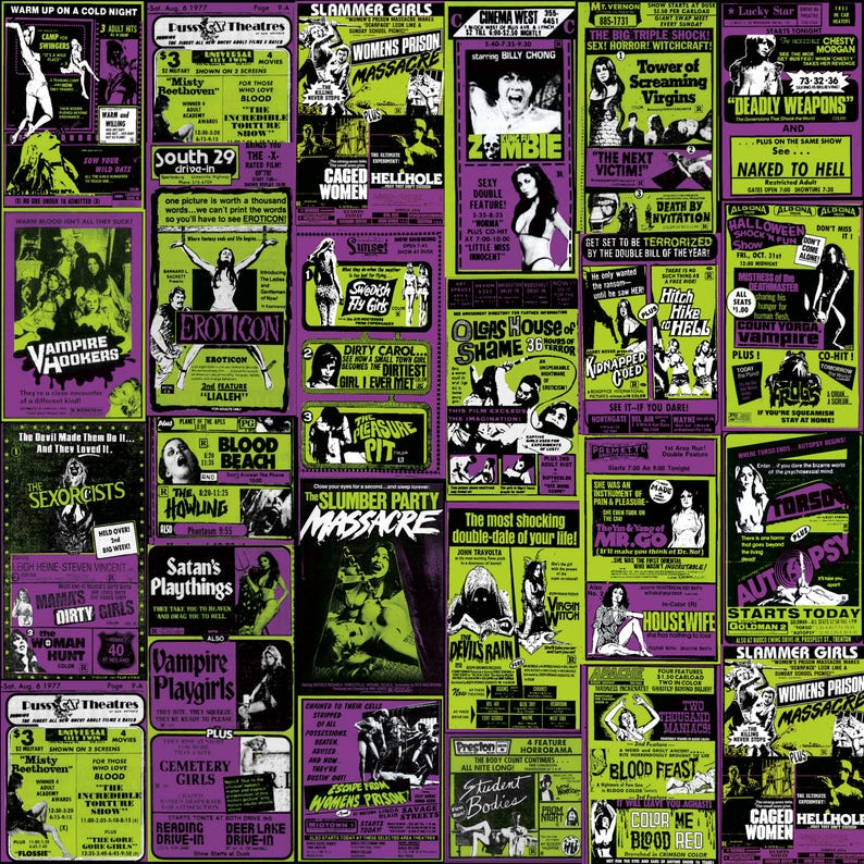 Detailed graphic swatch showing the full layout of retro green and purple horror movie poster advertisements used for the print.