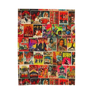 A flat lay of a blanket patterned with a collage of vintage Kung Fu movie posters, showing various colorful designs and text.