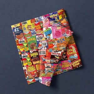 May include: A square sheet of wrapping paper featuring a colorful collage of vintage cereal box logos and character graphics, including E.T., Trix, Lucky Charms, Cocoa Puffs, Pac-Man, Barbie, and various other breakfast food brand designs.