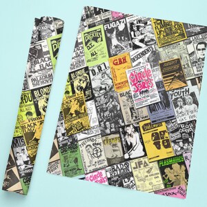 May include: A colorful collage of vintage concert posters featuring bands like Black Flag, Blondie, The Cramps, and The Dickies. The posters are printed on a white background and feature a variety of fonts and colors.