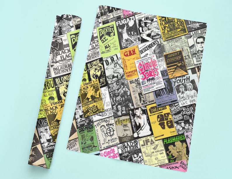 May include: A colorful collage of vintage concert posters featuring bands like Black Flag, Blondie, The Cramps, and The Dickies. The posters are printed on a white background and feature a variety of fonts and colors.
