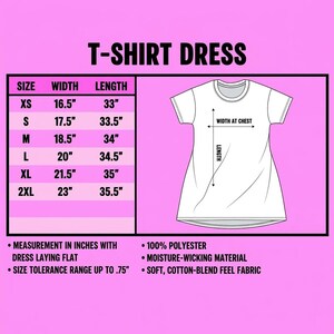 A size chart infographic on a pink background showing widths and lengths for sizes XS through 2XL next to a t-shirt dress diagram.