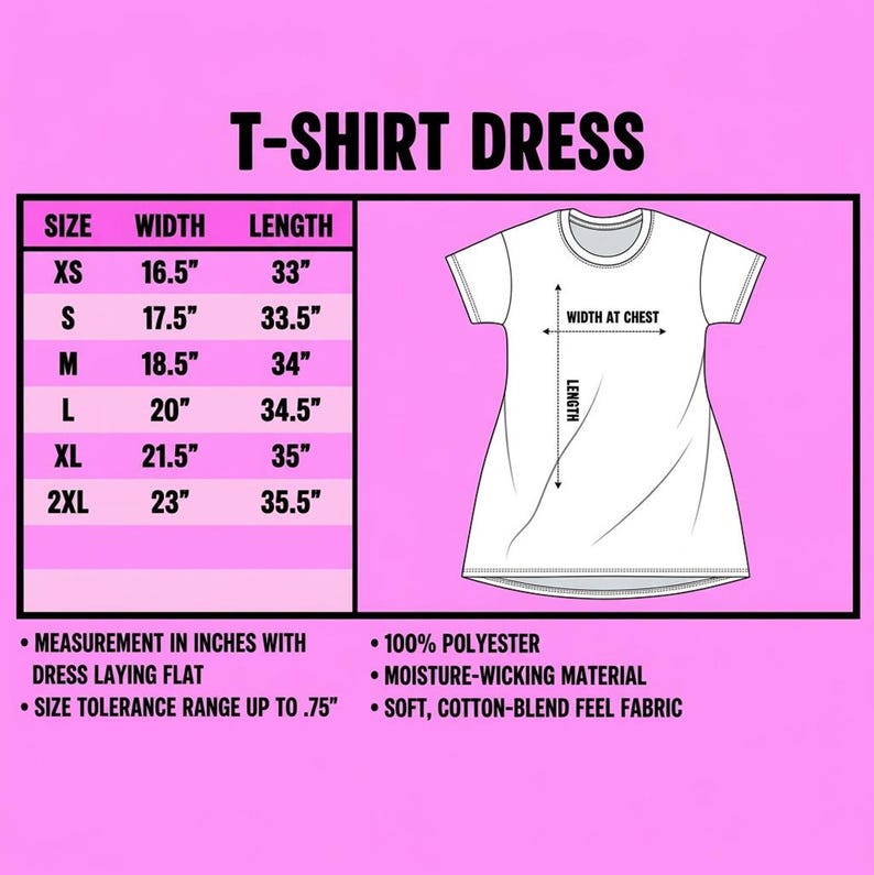 A size chart infographic on a pink background showing widths and lengths for sizes XS through 2XL next to a t-shirt dress diagram.