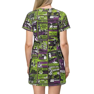 Flat lay back view of the t-shirt dress featuring the all-over green and purple retro horror movie poster print.