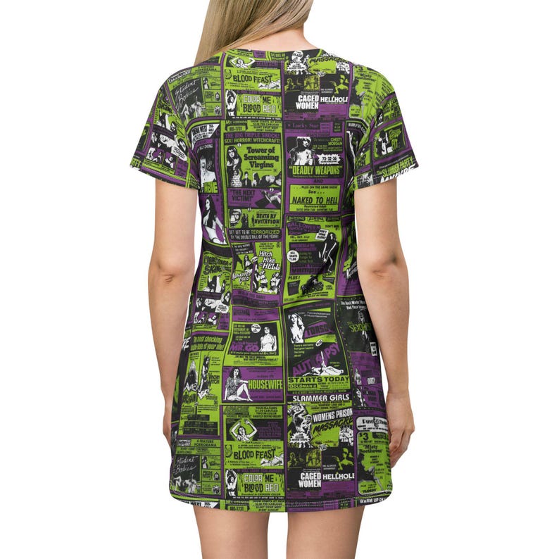 Flat lay back view of the t-shirt dress featuring the all-over green and purple retro horror movie poster print.