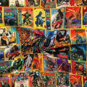 A close-up shot of the colorful vintage Godzilla and kaiju movie poster fabric swirled in the center.