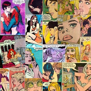 May include: A collage of vintage comic book panels featuring various scenes of romance, heartbreak, and drama. The panels showcase women in distress, couples kissing, and speech bubbles with phrases like "Goodbye" and "No! Go Away!"