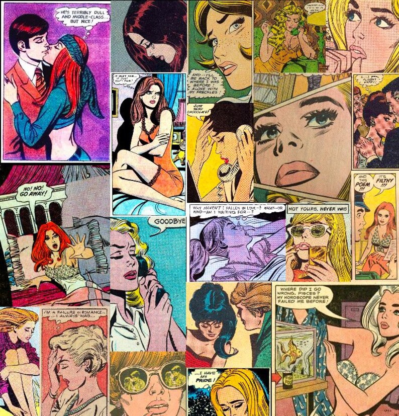May include: A collage of vintage comic book panels featuring various scenes of romance, heartbreak, and drama. The panels showcase women in distress, couples kissing, and speech bubbles with phrases like "Goodbye" and "No! Go Away!"