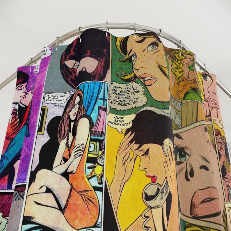 Vintage Romance Comic Girl Shower Curtain | Retro Pop Art Bathroom image 6