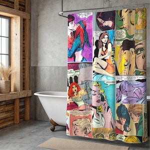 May include: A colorful shower curtain featuring comic book panels with vintage illustrations. The panels depict romantic scenes with bold colors and speech bubbles. The curtain hangs in a bathroom with a white tub.
