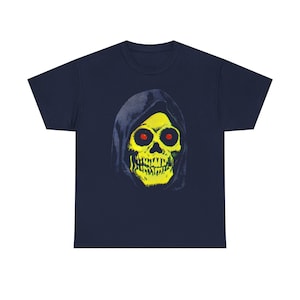 A navy blue t-shirt with a graphic of a yellow skull with red eyes in a blue hood.