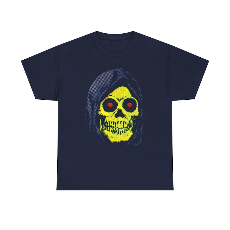 A navy blue t-shirt with a graphic of a yellow skull with red eyes in a blue hood.