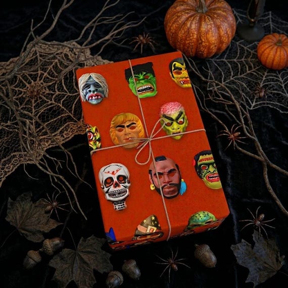 Halloween Wrapping Paper with Vintage Mask Pattern | Spooky Gift Wrap
