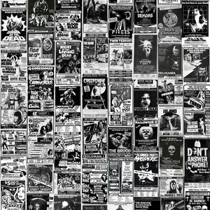 A detailed close-up texture view of the black-and-white vintage horror poster collage fabric print featuring various movie titles and graphics.