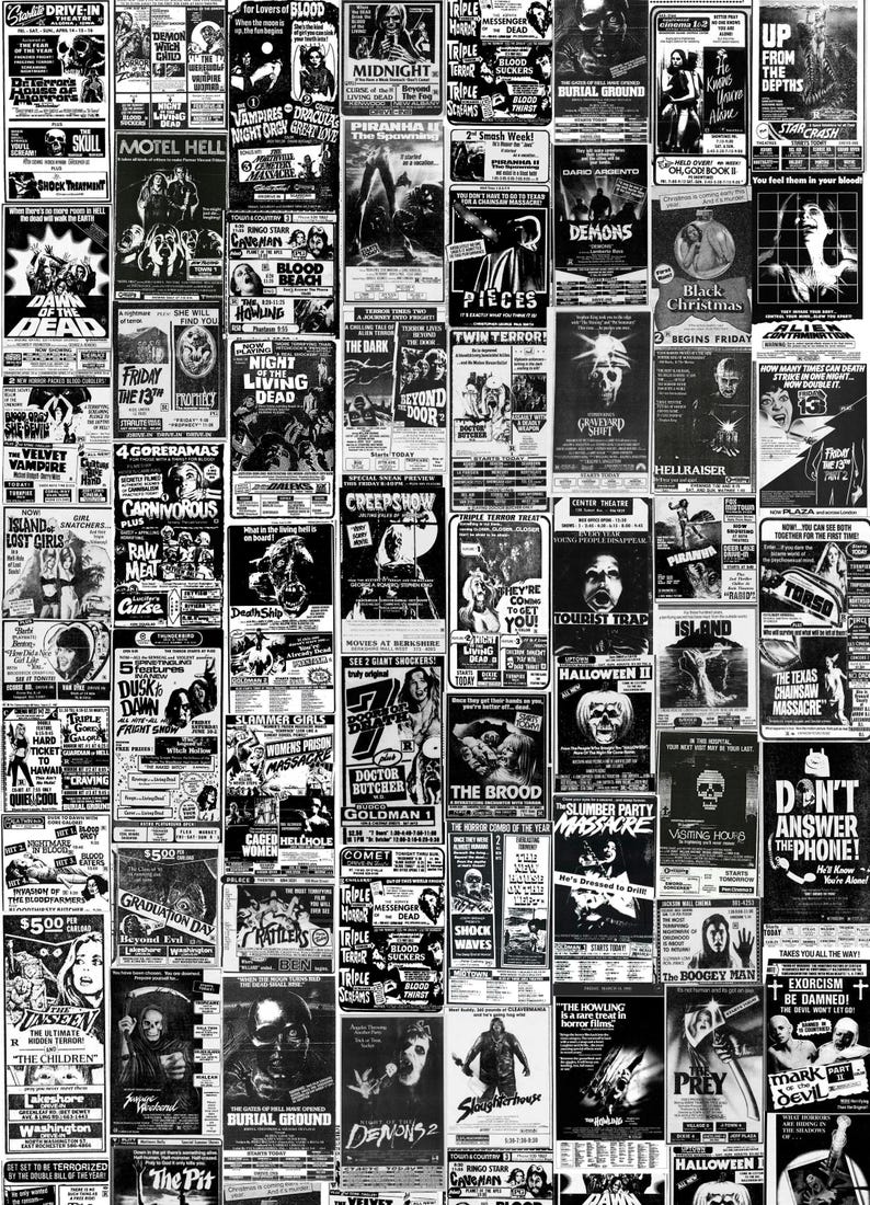 A detailed close-up texture view of the black-and-white vintage horror poster collage fabric print featuring various movie titles and graphics.