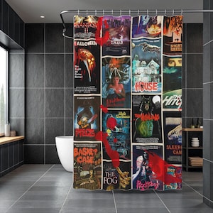 80s Horror Movie Shower Curtain: Retro Halloween Bathroom Decor