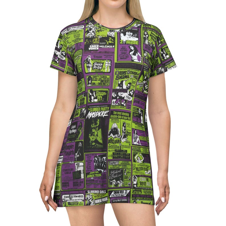 Front view of a person wearing the all-over print horror movie poster t-shirt dress against a solid purple backdrop.