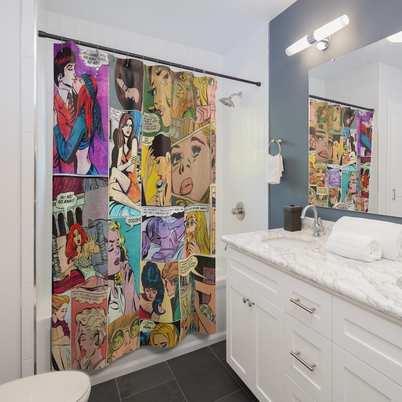 Vintage Romance Comic Girl Shower Curtain | Retro Pop Art Bathroom image 7