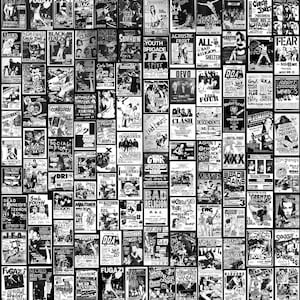A full-frame view of black-and-white punk and hardcore flyer collage fabric displaying various band names and gig dates.