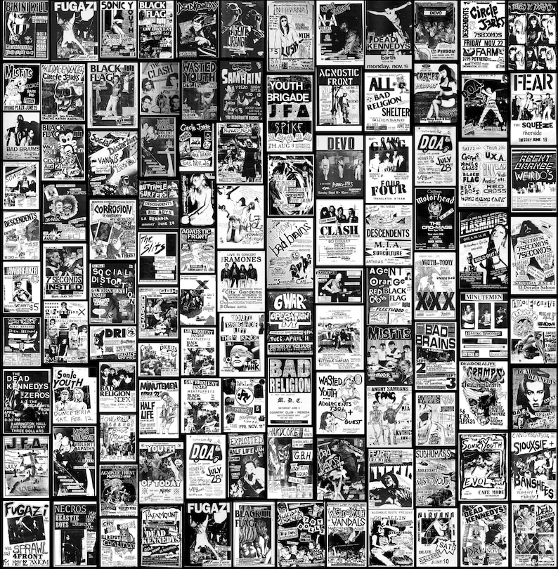 A full-frame view of black-and-white punk and hardcore flyer collage fabric displaying various band names and gig dates.