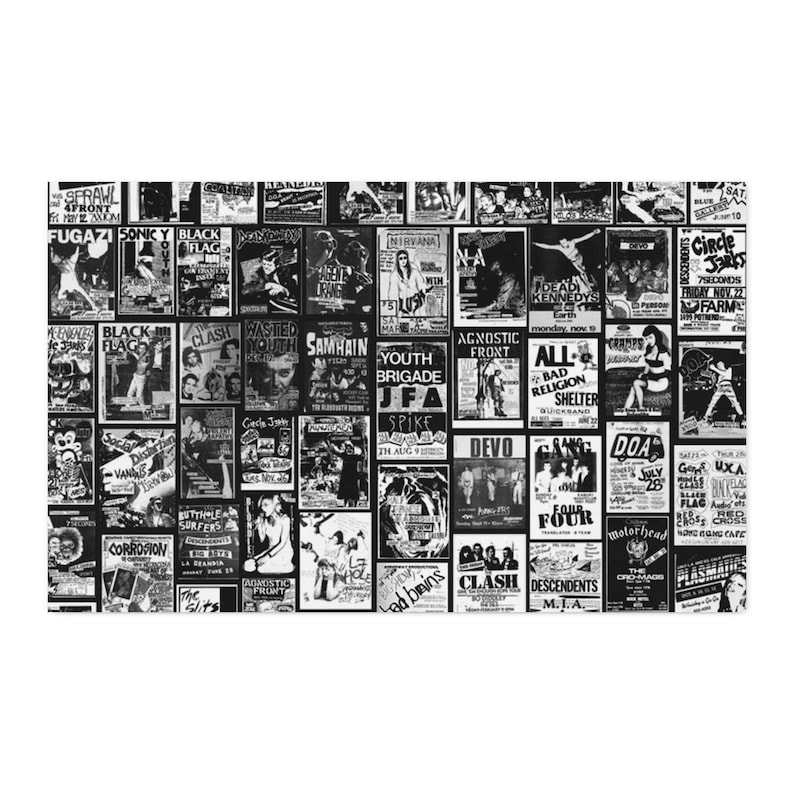 A horizontal banner featuring a repeating black-and-white collage of vintage punk flyers.