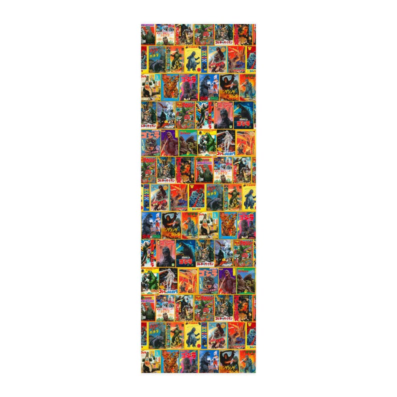 A vertical strip graphic displaying multiple repeating rows of the colorful vintage Godzilla and kaiju poster pattern.