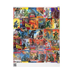 A flat sheet of wrapping paper covered with a collage of vintage Godzilla movie posters and Japanese text.