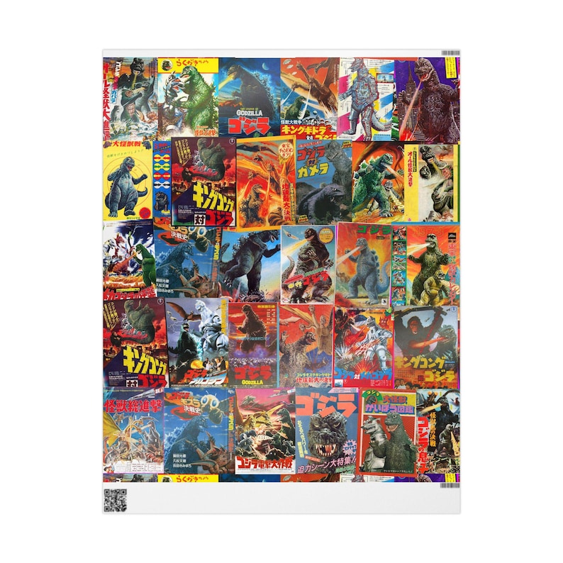 A flat sheet of wrapping paper covered with a collage of vintage Godzilla movie posters and Japanese text.