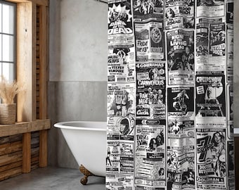 Horror Movie Shower Curtain: 70s-80s Retro Film Ad Bathroom Decor