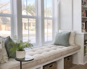 Tufted Bench Cushion, Handmade  Neutral Covers, Window  French seat pad,