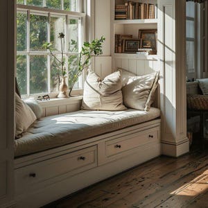 Peut inclure: Un coin de fenêtre confortable avec un coussin crème et deux grands oreillers. Le banc intégré comporte deux tiroirs avec des boutons foncés. Un vase avec de la verdure est posé sur le rebord de la fenêtre, et une étagère est visible en arrière-plan.
