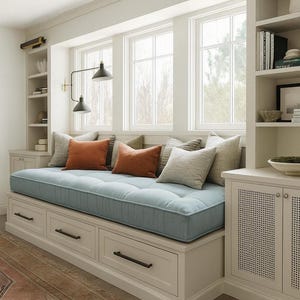 Window Seat French Cushion, Tufted pad, Custom size Futon, Farmhouse, Handmade Neutral tone