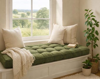 Custom French Bench Cushion, Cottage Window Seat Pad, Cotton Beige Ivory