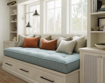 Window Bench Cushion, Indoor French style stitch, Futon pad, Linen, Modern Neutral seat
