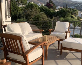 Housse de coussin de patio personnalisée, oreillers imperméables beige sunbrella.