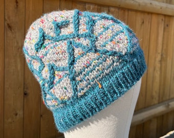 Handmade Knit Hat Grey fleck & Blue