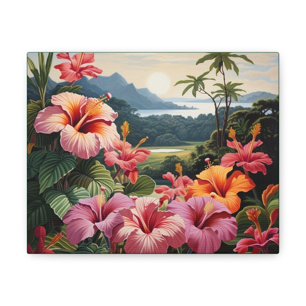 Art d'hibiscus tropical | Toile Hibiscus | Fleurs d'art sur l'art de mur de toile | Paysage de paysage botanique | Peinture florale | Décor de salon