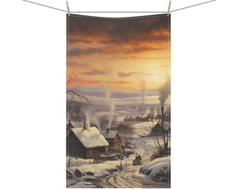 Winter Village Kitchen Towel | Scenic Landscape Winter Kitchen Towel | Holiday Kitchen Tea Towel |Winter Kitchen Decor |Nature Kitchen Towel