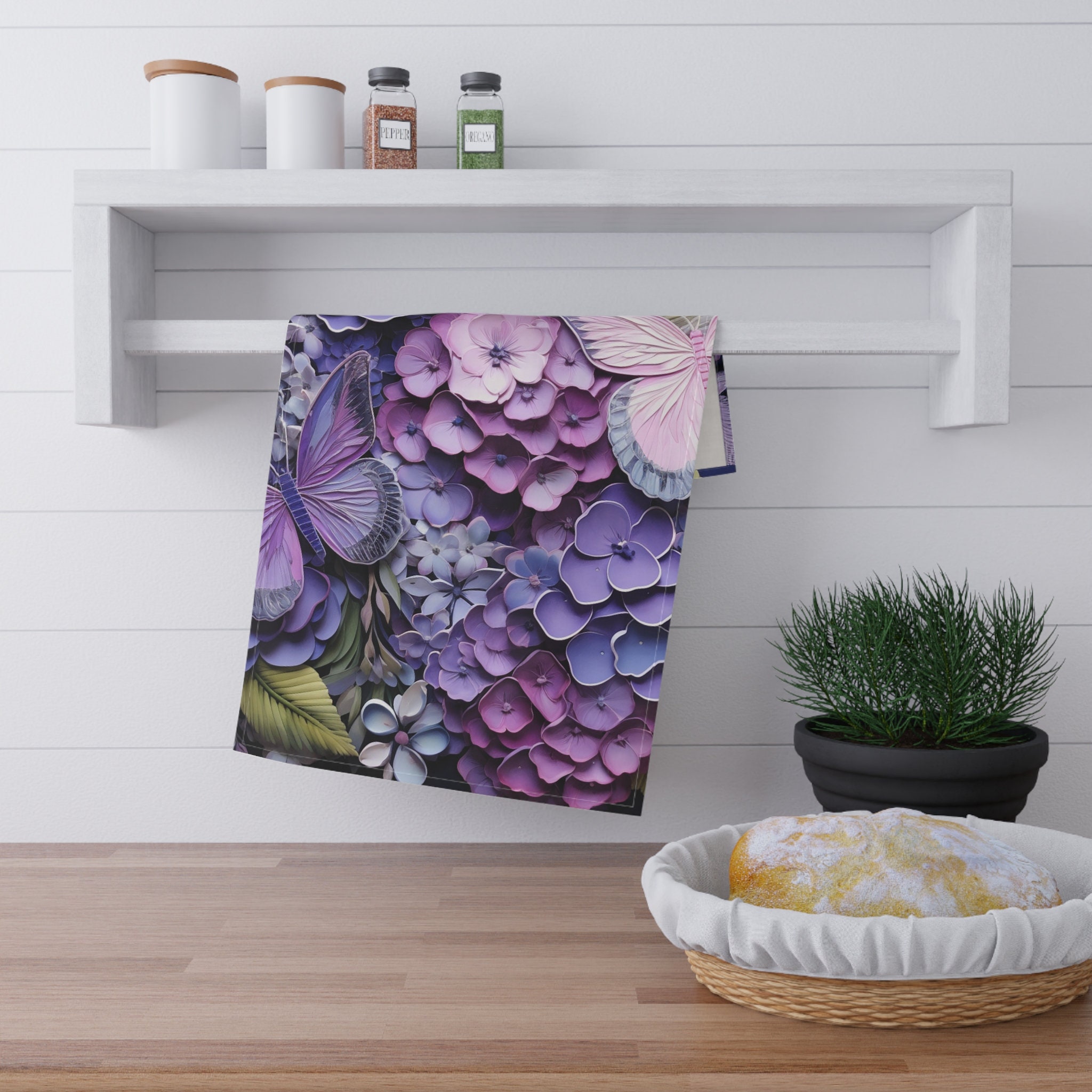 Hyacinth Floral Kitchen Towel Butterfly Kitchen Towel Cotton Twill