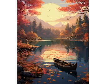Boat in a Creek Fall Matte Vertical Poster | wall decor | fall with colorful autumn leaves | Fall Wall Art | artistic gift | housewarming