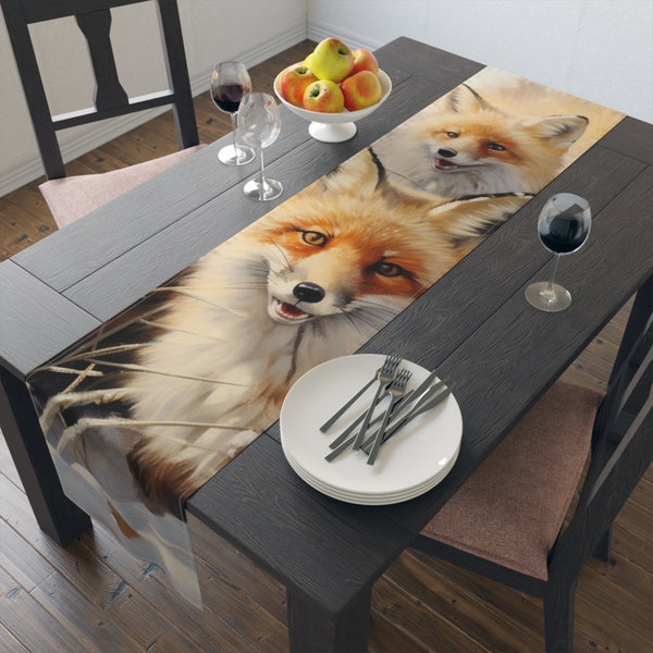 Foxes in a Snowy Meadow Cotton or Polyester Table Runner | Scenic Table Runner | Winter Runner | Winter Decor | Xmas Runner | Nature Runner