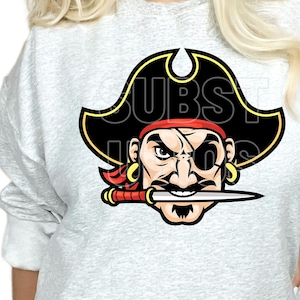 May include: A gray sweatshirt with a cartoon pirate face wearing a black hat and an eyepatch. The pirate is holding a sword in his mouth.