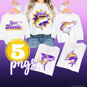 5 Lila Preppy Haie Maskottchen PNG Team Shirts High School College Sublimation DTF PNG Design Download-Datei Lila und Gold Sternaugen