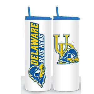 May include: Two white insulated tumblers with blue lids and straws. One tumbler features the text "DELAWARE BLUE HENS" in blue and yellow, with a blue and yellow hen mascot. The other has a "UD" logo and the hen mascot.