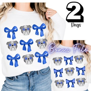 Royal Blue Preppy Bulldog Blue Hair Ribbon Bows Star Eyes Sunglasses Pattern PNG Star Sublimation PNG for Sublimation coquette bow bulldawg