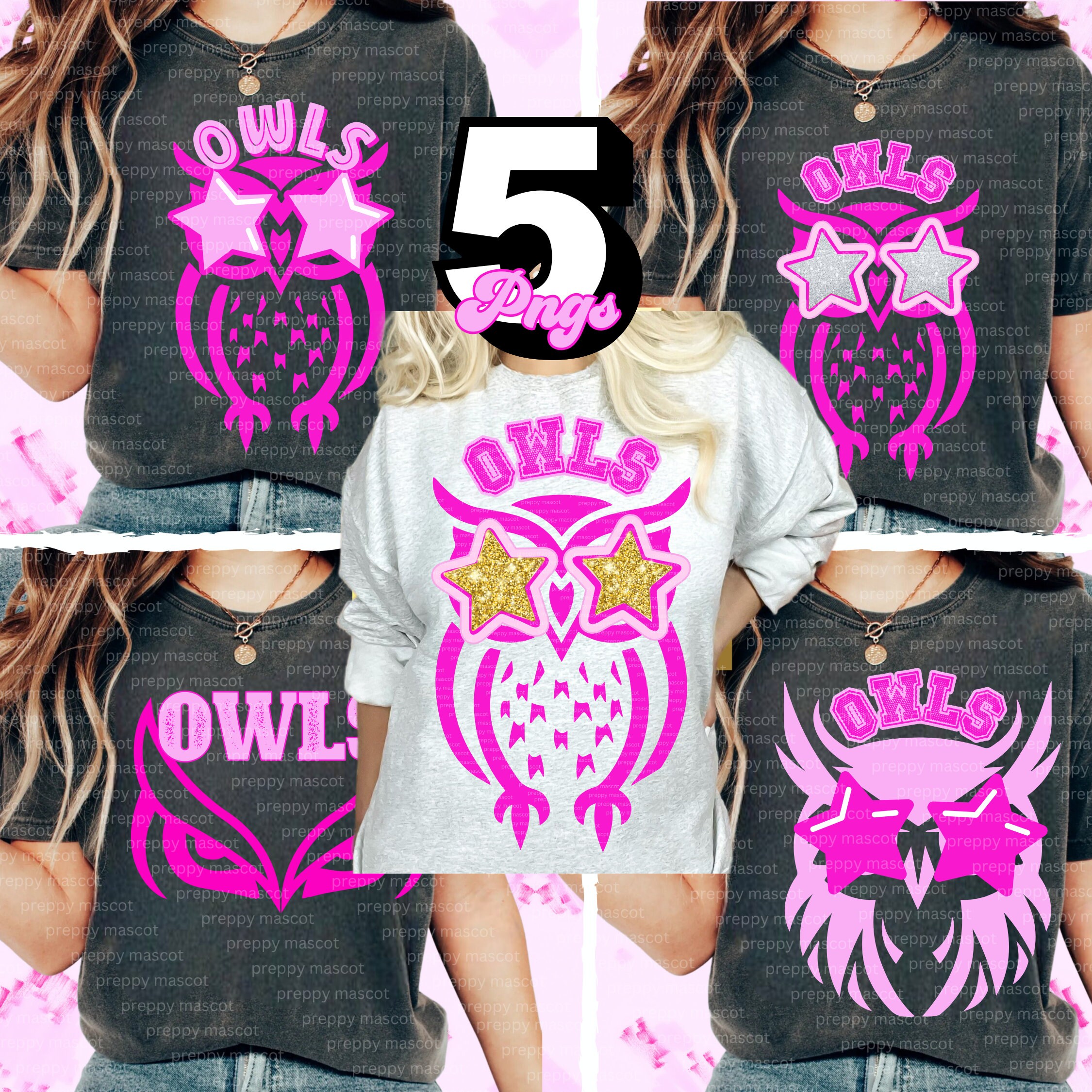 Preppy Pink Owl Mascot PNG Star Eyes  Great for Team Shirts High School  and College Gifts  Sublimation DTF PNG Design Download File