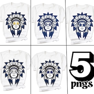Preppy marinblå indisk Choctaw Raider maskot PNG maskot stjärnögon stjärnsolglasögon lagandaskjorta gymnasiet tumbler wraps sublimering DTF