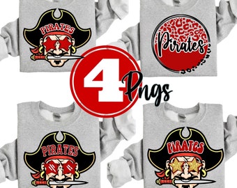 May include: Four grey sweatshirts with different designs featuring a pirate character with the word "Pirates" in red and black. The designs include a pirate with sunglasses, a pirate with a bandana, and a pirate with a leopard print background.